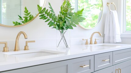 A modern bathroom with elegant gold fixtures, a stylish double sink, and fresh greenery in a vase, complemented by large round mirrors.