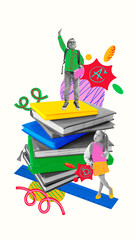 Contemporary art collage. Schoolboy standing tall on books with high grade, while girl looks up, symbolizing achievement, ambition, learning motivation. Concept of school success, goal setting.