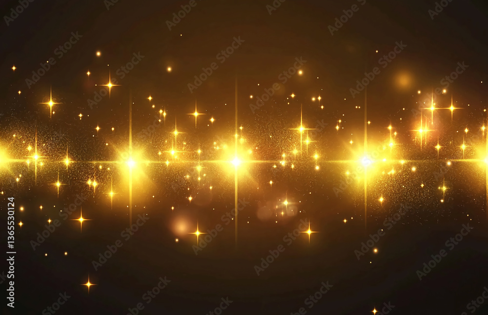 Poster a horizontal array of bright golden glowing stars and sparkles on a dark background design element