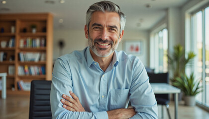 A portrait headshot photo of a friendly professional CEO executive business worker: A smiling, middle-aged man with graying hair confidently poses with crossed arms in a modern, well-lit office s