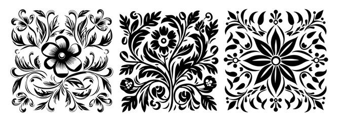 Ornamental floral damask tile pattern set – monochrome vector illustration