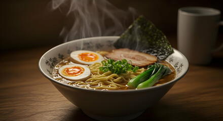 Hearty Pork Ramen Bowl with Steaming Smoke