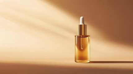 Luxurious Gold Skincare Serum Bottle on Minimalist Beige Background Highlighting Elegance, Self-Care, and Premium Beauty Products in Soft Lighting