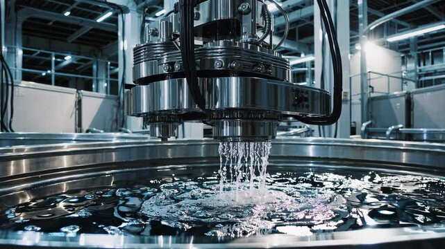 Precision industrial robotic arm pouring metallic solution into large processing tank, generating dynamic ripples during advanced anodizing procedure