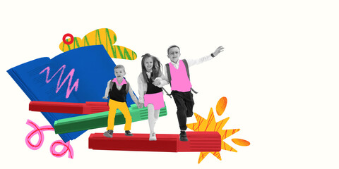 Conceptual artwork. Children walking on closed books, joyful and confident, symbolizing start of school year, friendship, curiosity. Concept of education journey, learning steps, Knowledge Day.