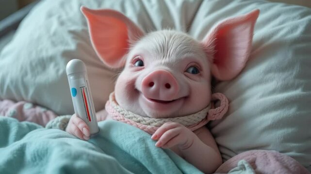 Minipig fakes illness.. cute little piggy is sick in bed, holding a thermometer and looking very sneaky. Simulant.