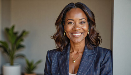 A portrait headshot photo of a friendly professional CEO executive business worker: A smiling Black woman in a navy blue suit confidently poses indoors, partially framed by a doorway with a plant