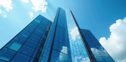 Fototapeta premium Sleek skyscraper, glass facade mirroring city, blue sky , window, business, reflection