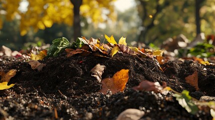 Obraz premium Close-Up of Compost Pile With Decomposing Leaves and Organic Waste in Natural Setting