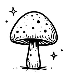 black and white vector of spotted mushroom with stars, hand drawn cute style