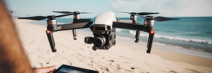 Drone with camera hovering over a sunny beach, controlled by a person using a tablet.
