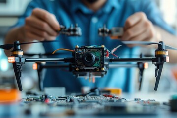 Close-up of a man assembling a drone with circuit board components in a workshop setting.