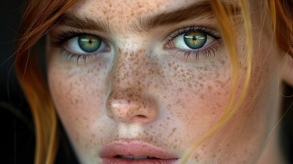 A close up of a womans face with freckles, green eyes, and blonde brown hair