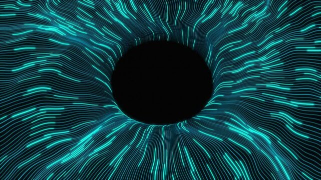 Electric blue light trail vortex - data being sucked in and transmitted out of a black void