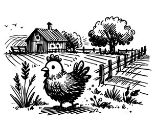 black and white vector of a hen walking near a barn and trees, rural farm scene illustration