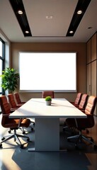 Bright modern conference room, large blank screen , future, presentation space, office interior