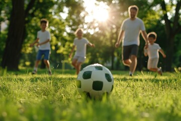 Obraz premium Family playing soccer in grass outdoors