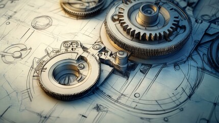 Fototapeta premium Mechanical Gears on Engineering Blueprint, Industrial Design Concept