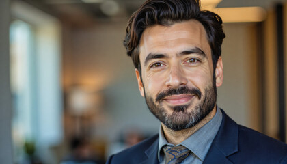 Obraz premium A portrait headshot photo of a friendly professional CEO executive business worker: A handsome man with a neatly groomed beard and wearing a suit smiles confidently at the camera in a modern offi