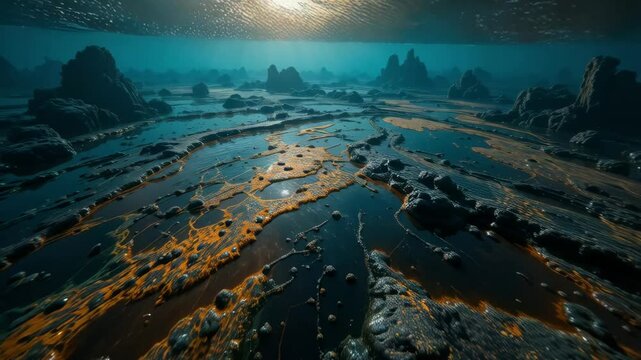 Oil and fuel spill in the ocean. An oil spill spreads through the water, creating an environmental disaster .
