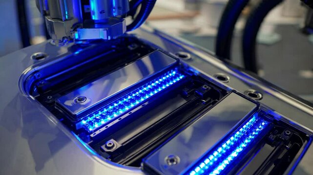 Advanced robotic machinery precisely places components onto a circuit board, illuminated by rows of blue leds, showcasing the automation process in modern manufacturing