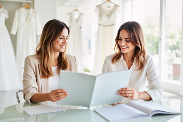 Wedding Planner Counseling Client – Bridal Magazine Discussion in Elegant Bridal Studio for Spring Wedding Expo