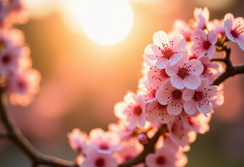 Fragrant sakura blossoms unfold their delicate petals, painting the morning sky with shades of pink and white. As golden sunlight filters through the branches, each flower seems to glow with life
