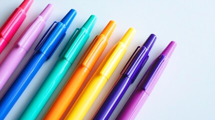 Fototapeta premium Vibrant Colorful Pens in a Row on White Desk - Stationery and Writing Tools