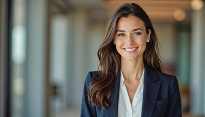 Obraz premium A portrait headshot photo of a friendly professional CEO executive business worker: A smiling businesswoman with long brown hair confidently poses in a navy suit and white blouse within a modern 