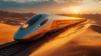 Obraz premium A sleek, high speed train moves effortlessly along railway tracks in a sandy desert environment as the sun sets, highlighting modern transportation innovation and mobility solutions.
