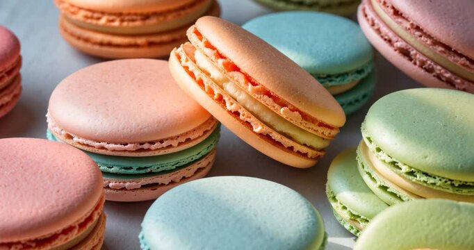 Close up of vibrant macarons dessert featuring pastel colors.