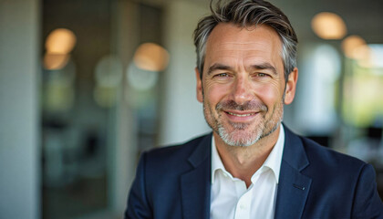 A portrait headshot photo of a friendly professional CEO executive business worker: A mature man with graying hair and a warm smile confidently gazes forward while wearing a navy suit jacket and 