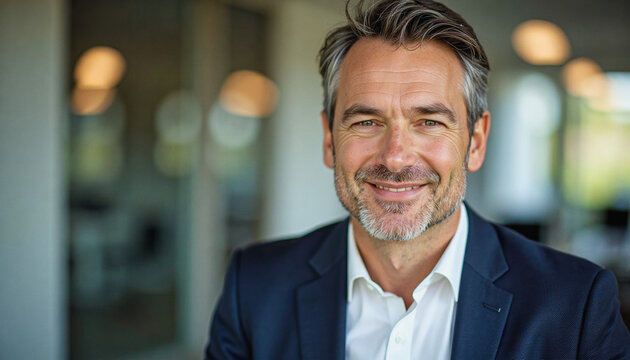 A portrait headshot photo of a friendly professional CEO executive business worker: A mature man with graying hair and a warm smile confidently gazes forward while wearing a navy suit jacket and 