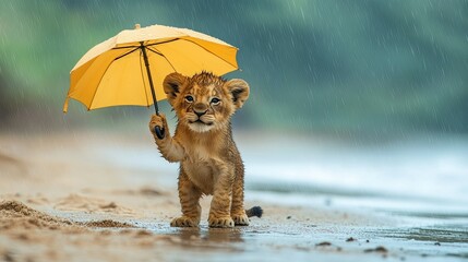 Cute Lion Cub Holding Umbrella Stands Alone on Rainy Beach Wearing Shirt 