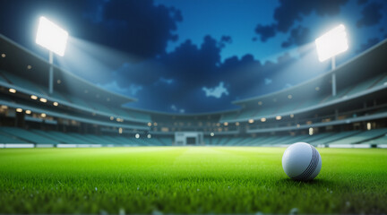 Floodlit Cricket Stadium with White Ball on Green Pitch &ndash; Vibrant Sports Background for Indian Premier League Designs  