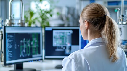 Scientist analyzing data on dual computer screens.
