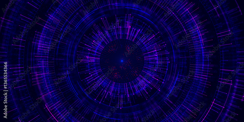 Poster big data complex round graph. quantum computing universe. cyber space of ai technology. futuristic g