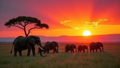 Fototapeta premium African savanna sunrise, elephant herd grazing, Kenya, stock, African elephant