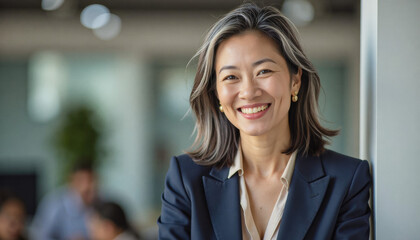 Fototapeta premium A portrait headshot photo of a friendly professional CEO executive business worker: A smiling Asian businesswoman in a navy blazer leans confidently against a doorway in a modern office setting.