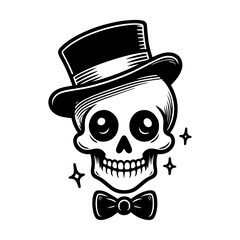 Vintage cartoon skull with top hat and bow tie – monochrome vector illustration