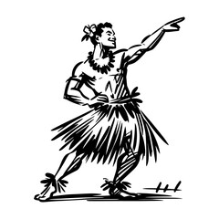 male hula dancer in traditional outfit pointing forward, expressive black and white vector for tropical or cultural themes