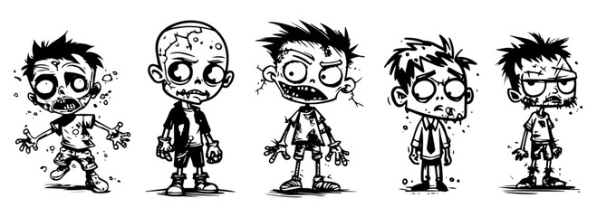 funny cartoon zombie characters in black and white, hand-drawn vector illustration
