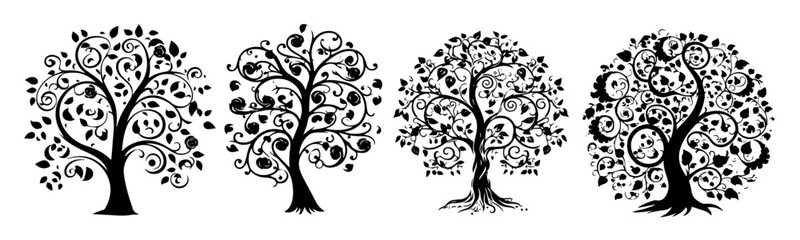 decorative trees with swirls and leaves, elegant black and white ornamental vector collection