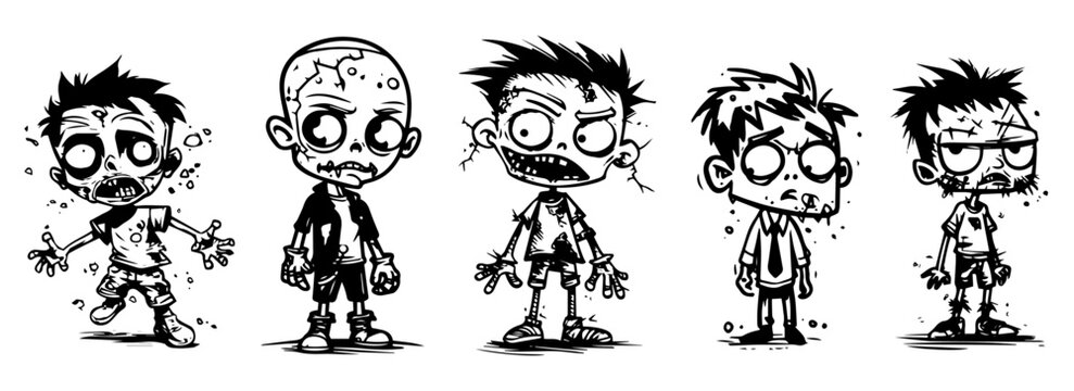 funny cartoon zombie characters in black and white, hand-drawn vector illustration