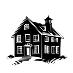 black vector of traditional house with tower and front stairs, rural vintage home
