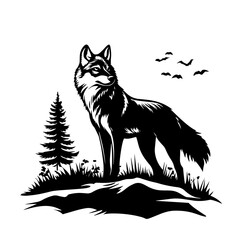 black and white wolf in forest landscape vector