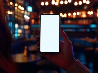 A hand holding a phone with a white blank screen mockup on a blurred background, close-up, mock-up for display presentation or advertising c 