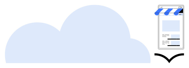 Large blue cloud paired with mobile store interface and dropdown arrow. Ideal for technology, e-commerce, online services, data storage, app design, digital marketing, innovation themes. Flat simple