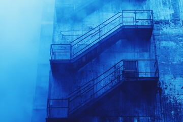 Blue concrete stairwell in modern building with minimalistic architecture and shadows