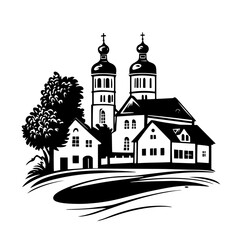 black and white vector of village church with towers in rural landscape